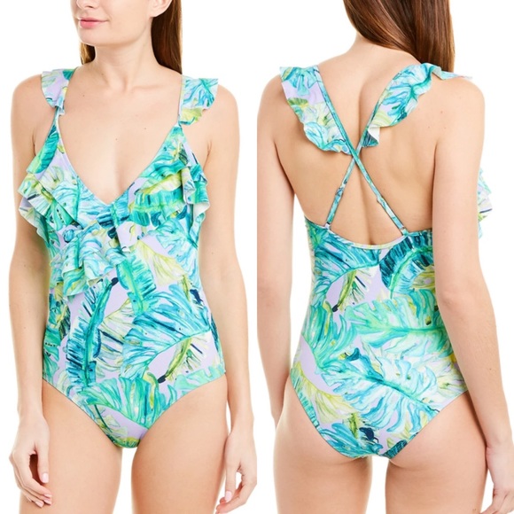 Lovers + Friends Other - Lovers + Friends Tropical Oasis Ruffle One Piece Swimsuit Lilac Palm XS S NWT
